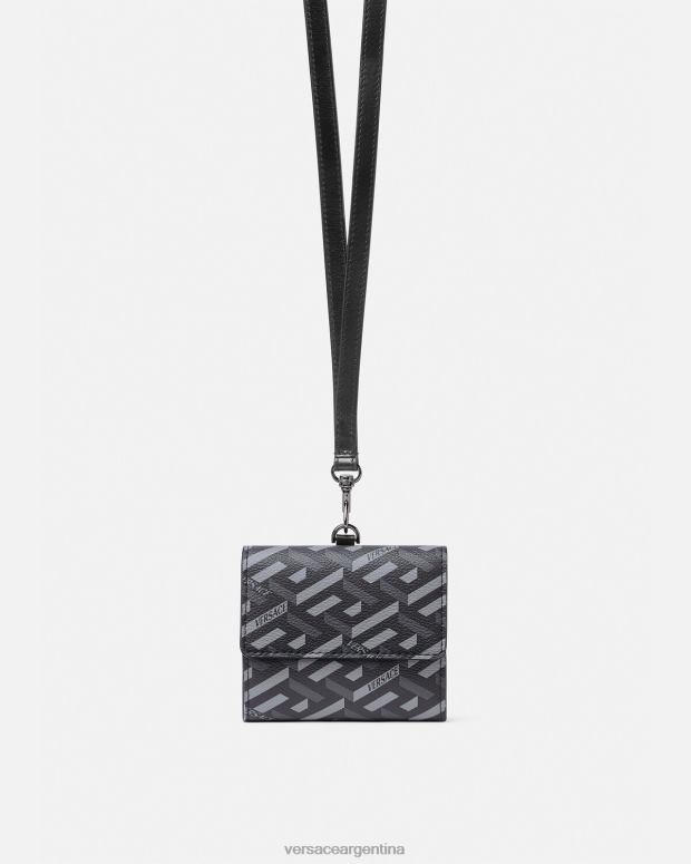 hombres Versace negro y gris cartera triple con firma la greca accesorios 4F6041653