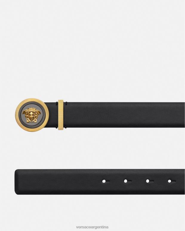 hombres Versace oro negro cinturón de cuero con medusa biggie accesorios 4F6041610