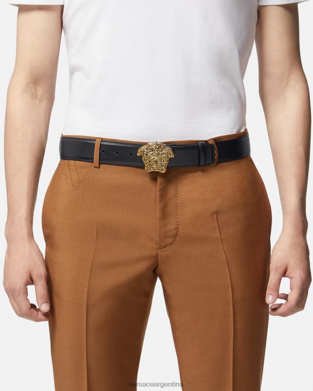 hombres Versace oro negro cinturón de piel con medusa accesorios 4F6041630