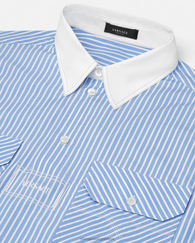 hombres Versace azul claro camisa a rayas con logo ropa 4F6041295