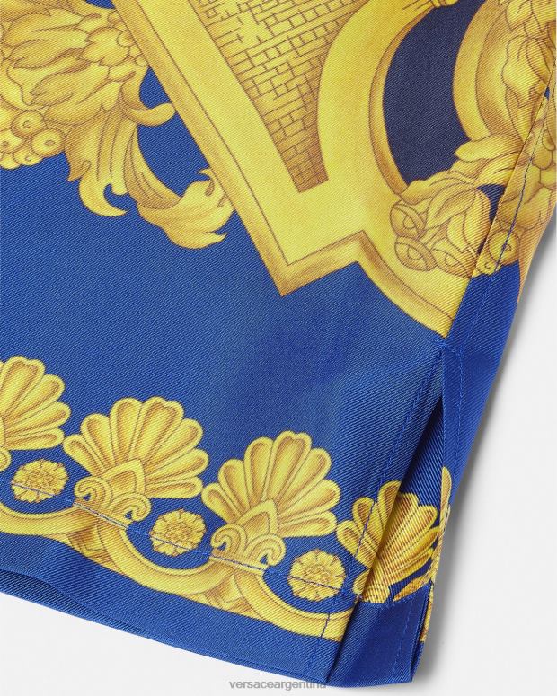 hombres Versace azul y oro camisa de seda barroco 660 ropa 4F6041319