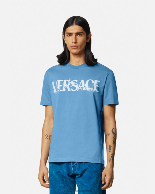hombres Versace azul claro camiseta con logo y silueta barroca ropa 4F6041367