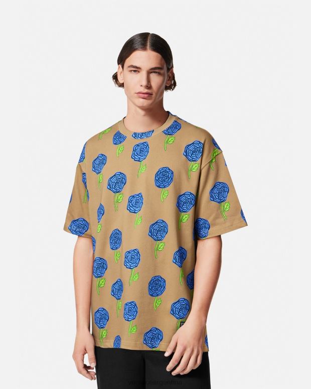 hombres Versace marrón camiseta rosas ropa 4F6042371
