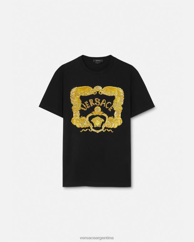 hombres Versace negro camiseta con bordado de conchas barrocas ropa 4F6041363