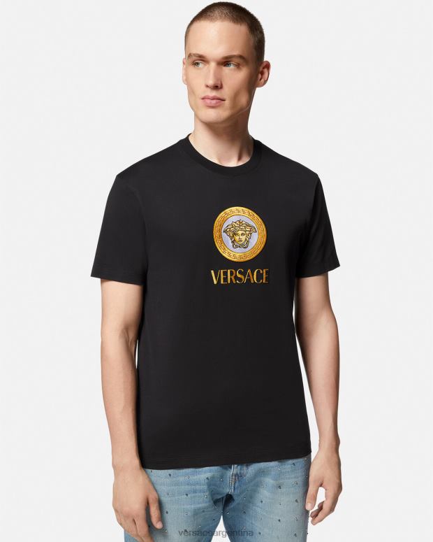 hombres Versace negro camiseta con logo de medusa bordado ropa 4F6041399