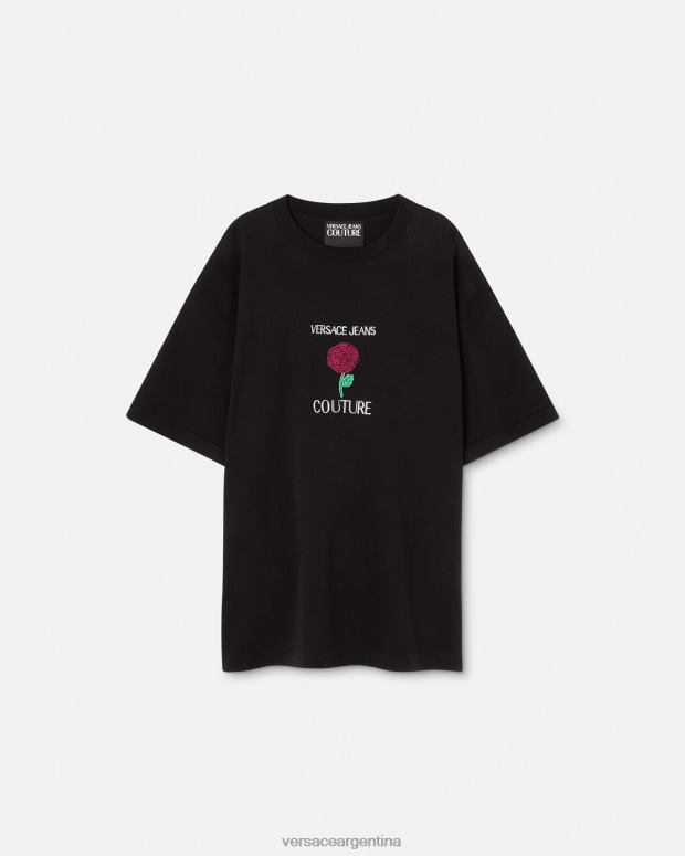 hombres Versace negro camiseta con logo de rosas ropa 4F6042372