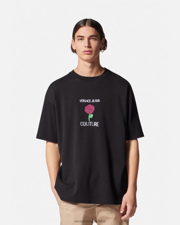 hombres Versace negro camiseta con logo de rosas ropa 4F6042372