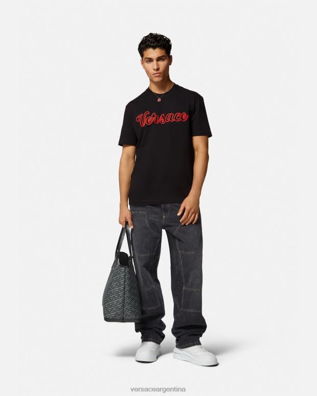 hombres Versace negro camiseta con logo universitario bordado ropa 4F6041404