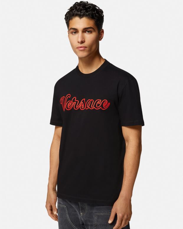 hombres Versace negro camiseta con logo universitario bordado ropa 4F6041404