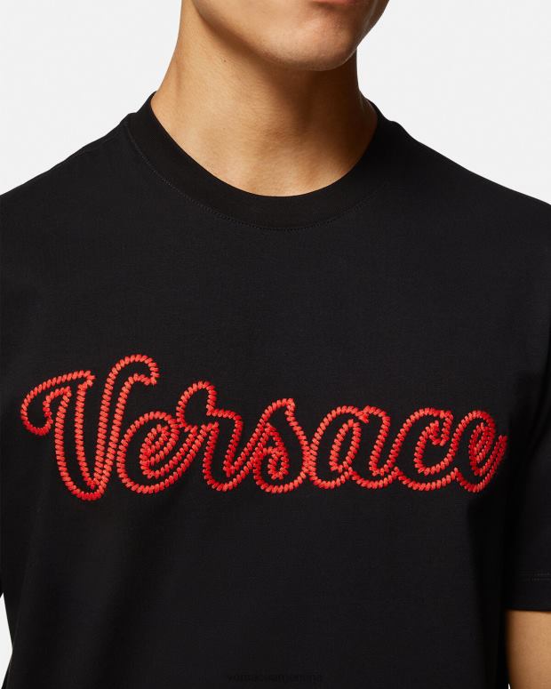 hombres Versace negro camiseta con logo universitario bordado ropa 4F6041404