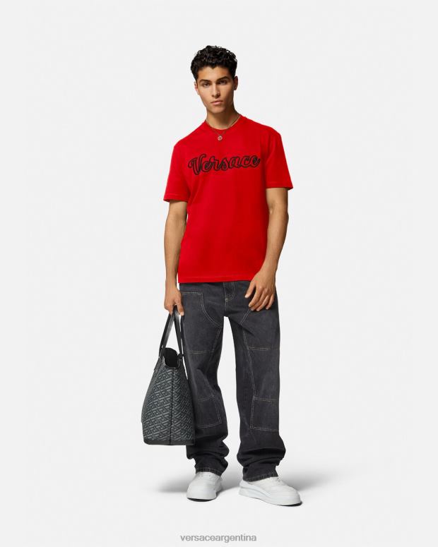 hombres Versace rojo camiseta con logo universitario bordado ropa 4F6041405