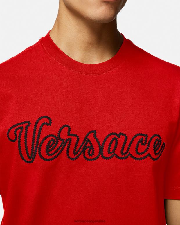 hombres Versace rojo camiseta con logo universitario bordado ropa 4F6041405