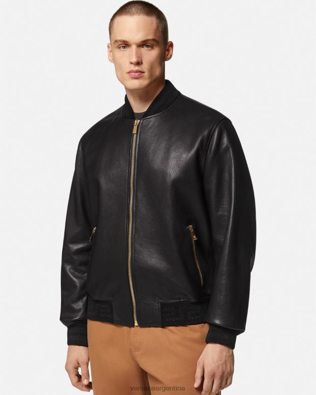 hombres Versace negro chaqueta bomber de cuero con greca ropa 4F6041225