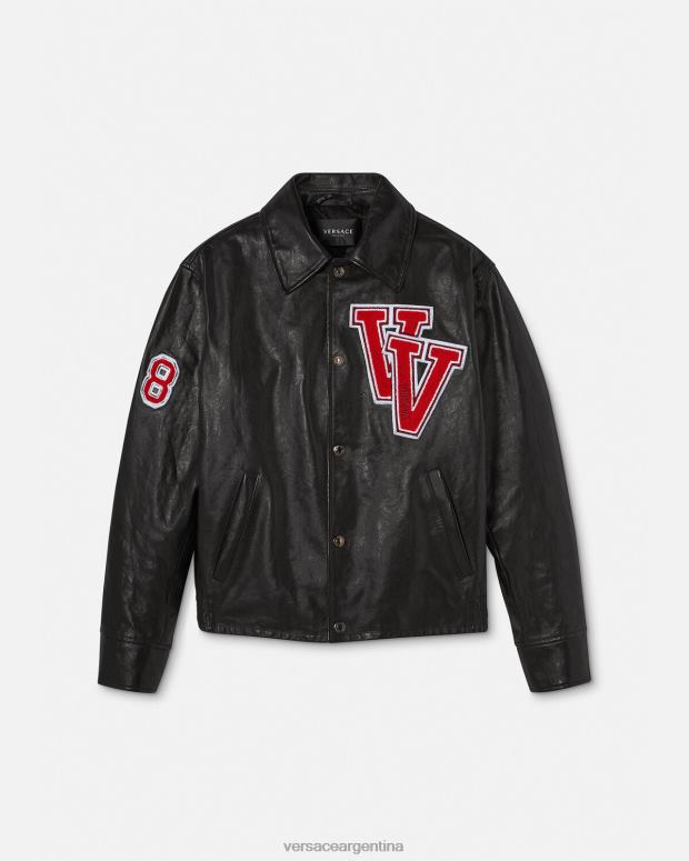 hombres Versace negro chaqueta de cuero universitaria ropa 4F6041258