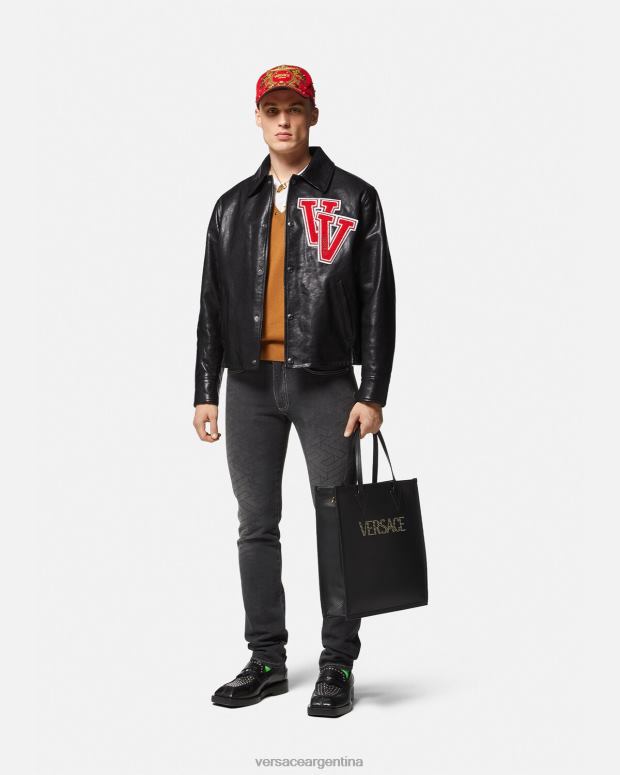 hombres Versace negro chaqueta de cuero universitaria ropa 4F6041258
