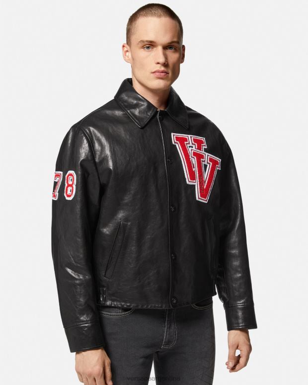 hombres Versace negro chaqueta de cuero universitaria ropa 4F6041258
