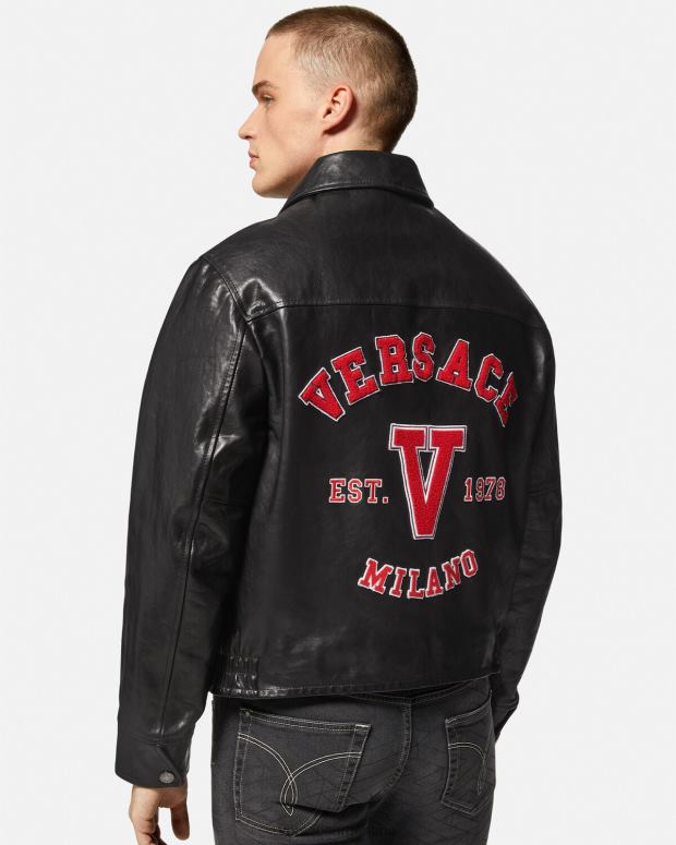 hombres Versace negro chaqueta de cuero universitaria ropa 4F6041258