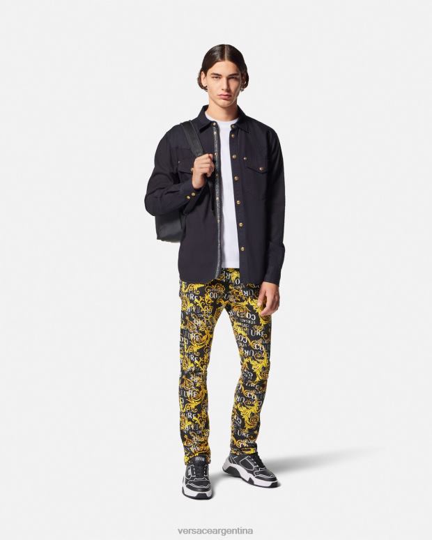 hombres Versace oro negro jeans slim con logo de alta costura ropa 4F6042429