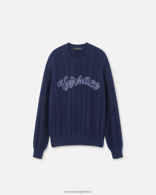 hombres Versace azul suéter de punto universitario con Greca ropa 4F6041350
