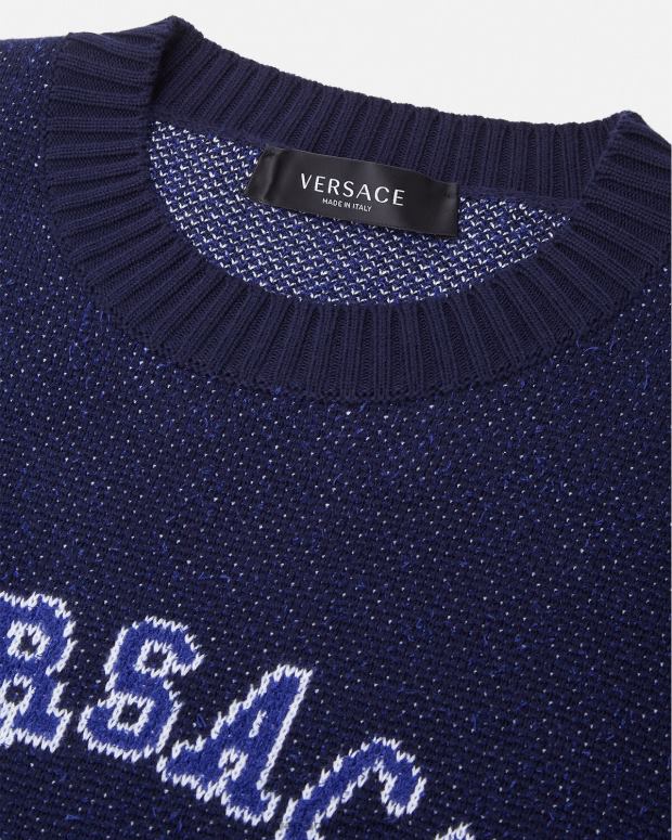 hombres Versace azul suéter universitario con logo en intarsia ropa 4F6041349