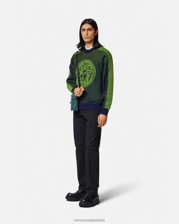 hombres Versace azul verde suéter de felpa con medusa la greca ropa 4F6041331