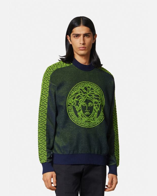 hombres Versace azul verde suéter de felpa con medusa la greca ropa 4F6041331