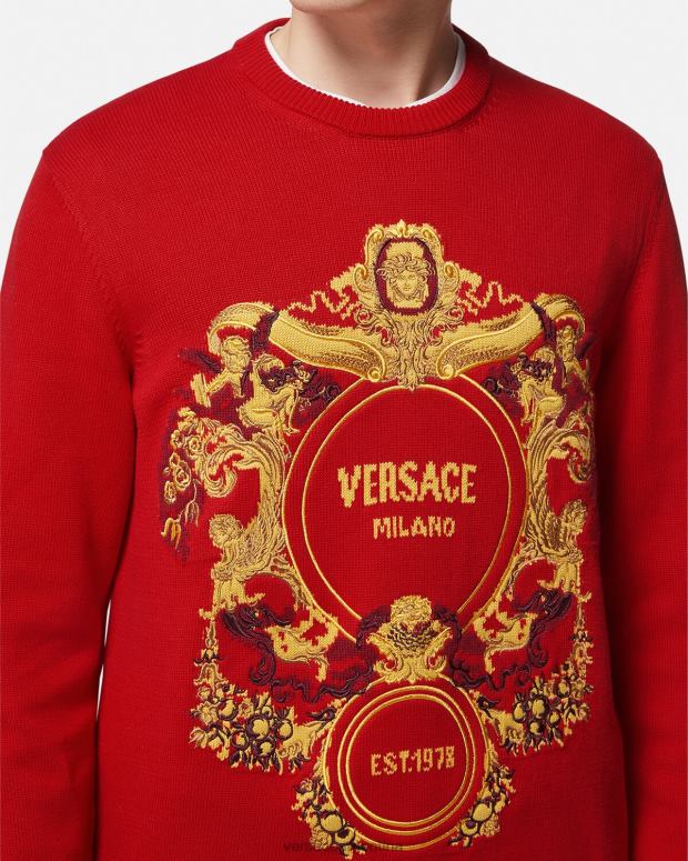 hombres Versace rojo suéter con bordado barroco en intarsia ropa 4F6041345