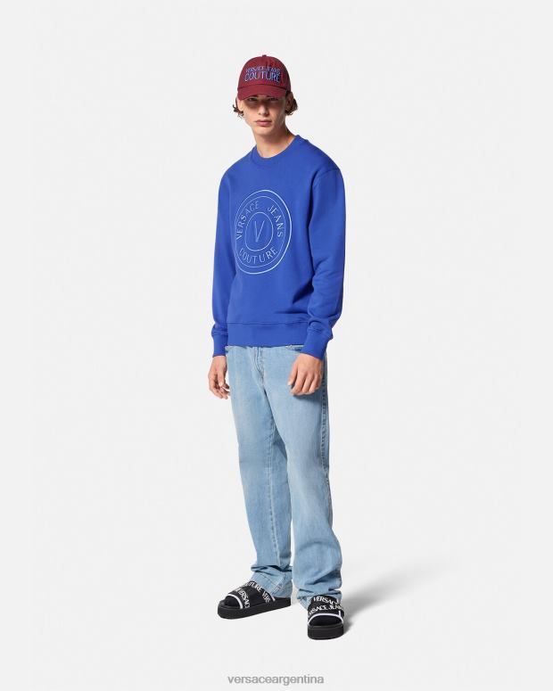 hombres Versace azul sudadera con emblema en V bordado ropa 4F6042413