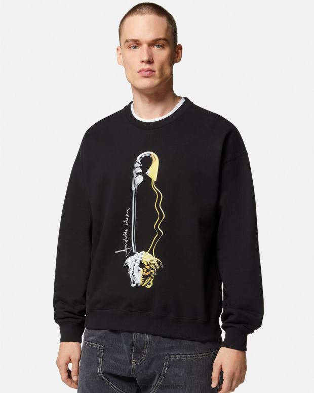 hombres Versace negro sudadera con estampado de pin de seguridad ropa 4F6041420