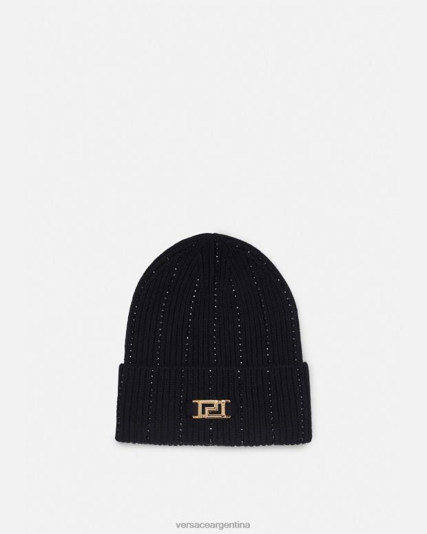 mujer Versace negro gorro de canalé con greca y cristales accesorios 4F604874
