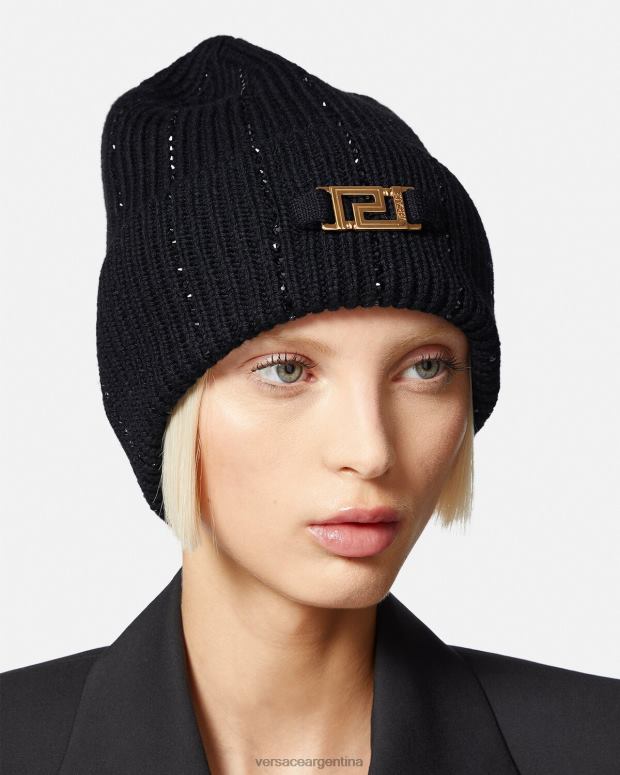 mujer Versace negro gorro de canalé con greca y cristales accesorios 4F604874
