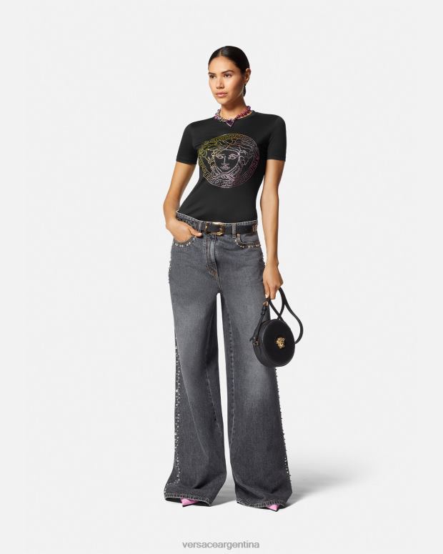 mujer Versace negro camiseta con medusa de cristal ropa 4F604141