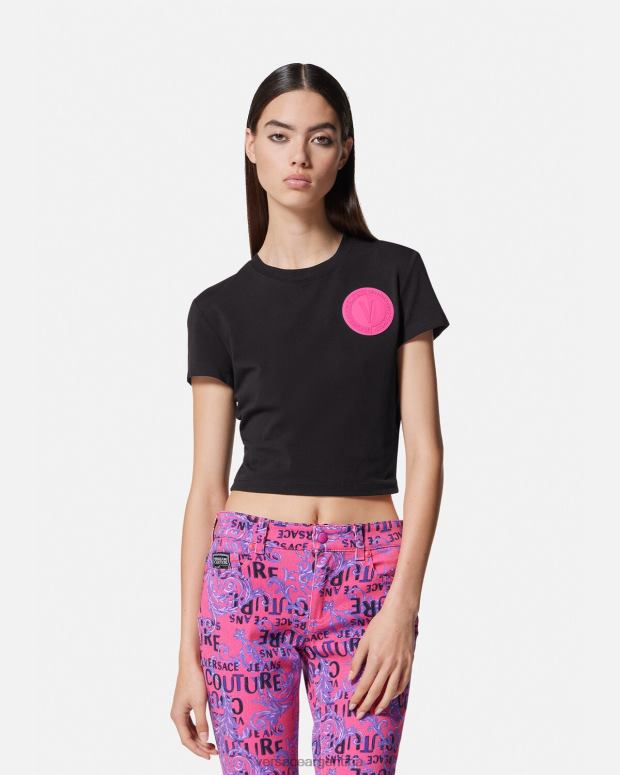 mujer Versace negro camiseta corta con emblema en V ropa 4F6042230