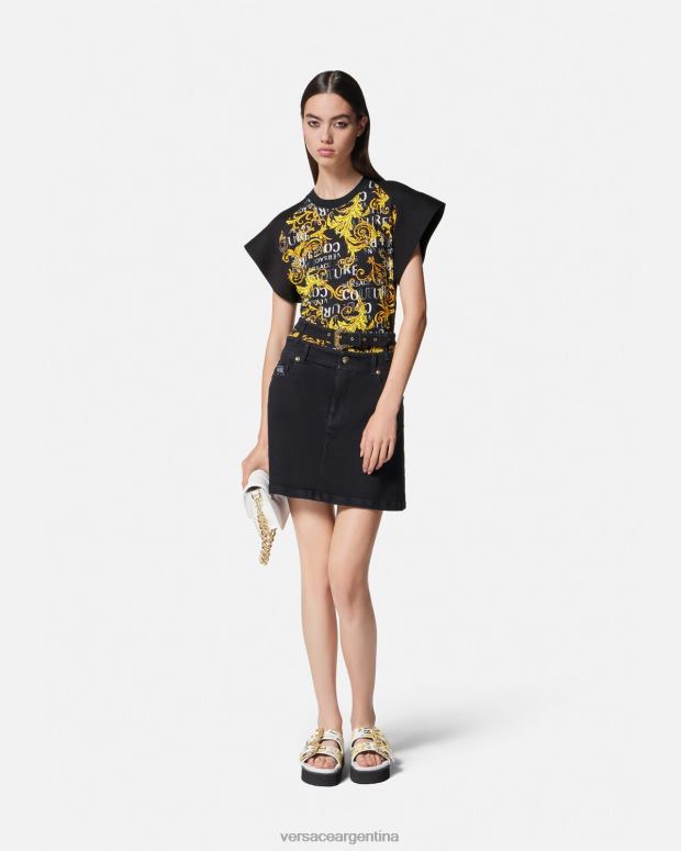 mujer Versace oro negro camiseta tipo body de alta costura con logo ropa 4F6042208