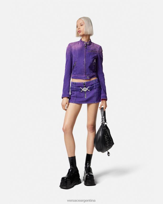 mujer Versace Violeta chamarra biker de mezclilla con Medusa ropa 4F60493