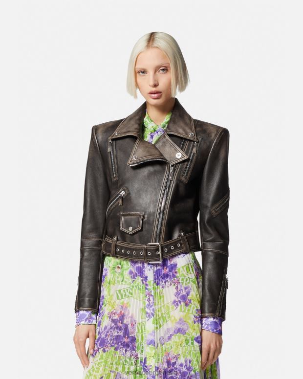 mujer Versace gris chaqueta de cuero cepillada barroco ropa 4F60498