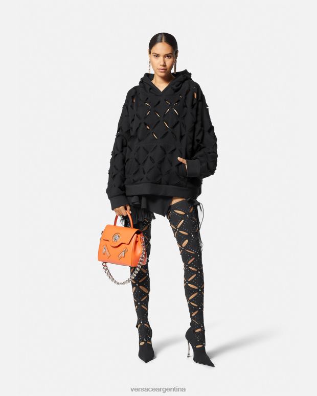 mujer Versace negro sudadera con capucha extragrande y desgastada ropa 4F604142