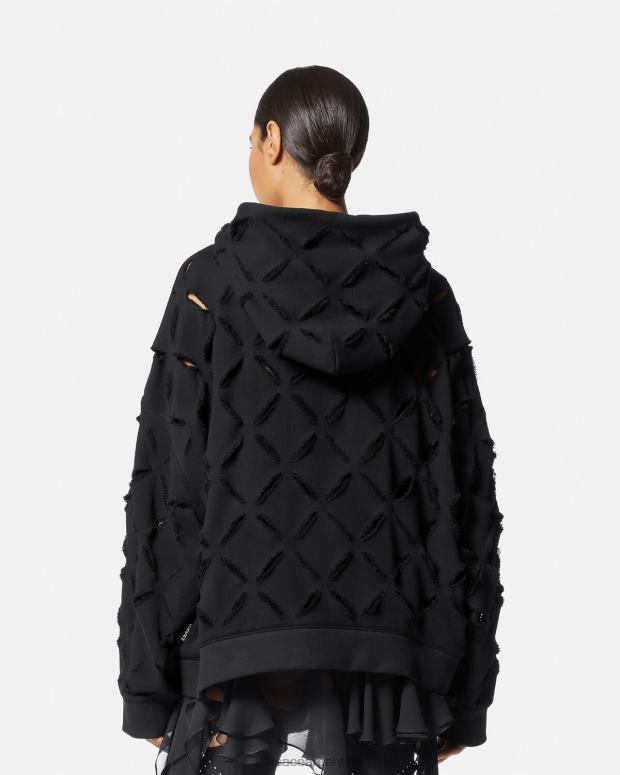 mujer Versace negro sudadera con capucha extragrande y desgastada ropa 4F604142