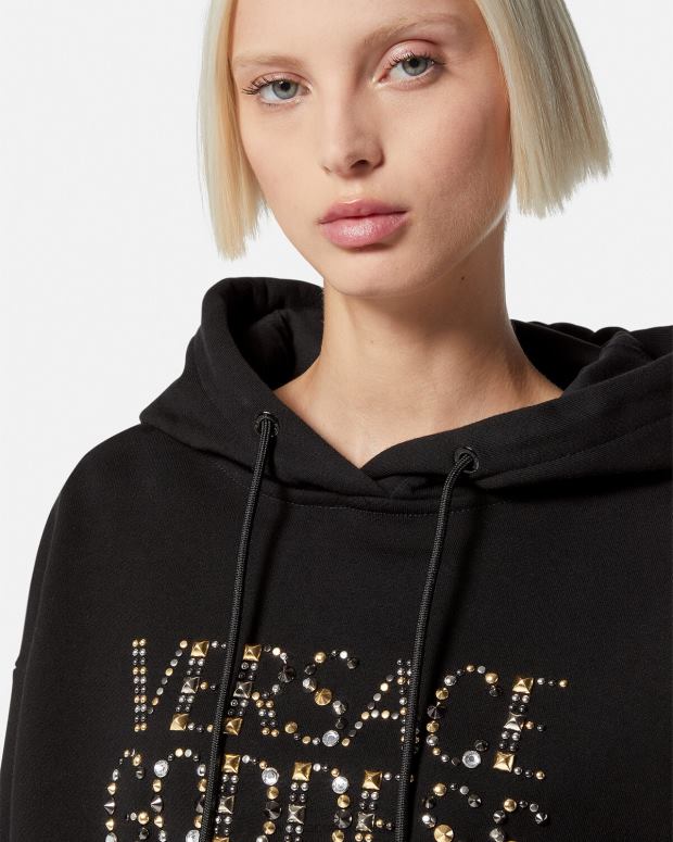 mujer Versace negro sudadera corta con capucha y tachuelas de diosa ropa 4F604145