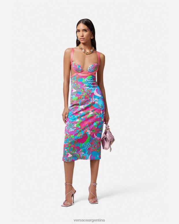 mujer Versace imprimir vestido midi floral con aberturas de verano ropa 4F60413
