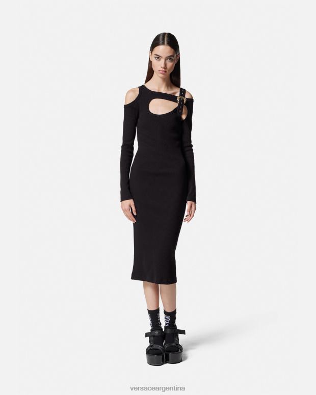 mujer Versace negro vestido midi con abertura y hebilla barroca ropa 4F6042143