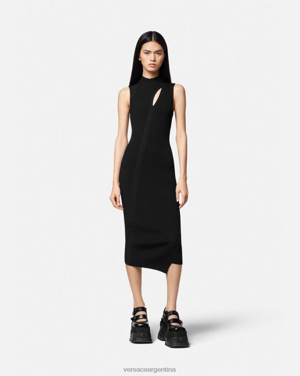 mujer Versace negro vestido midi con cuello alto y cortes ropa 4F60433