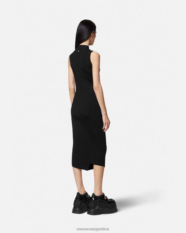 mujer Versace negro vestido midi con cuello alto y cortes ropa 4F60433