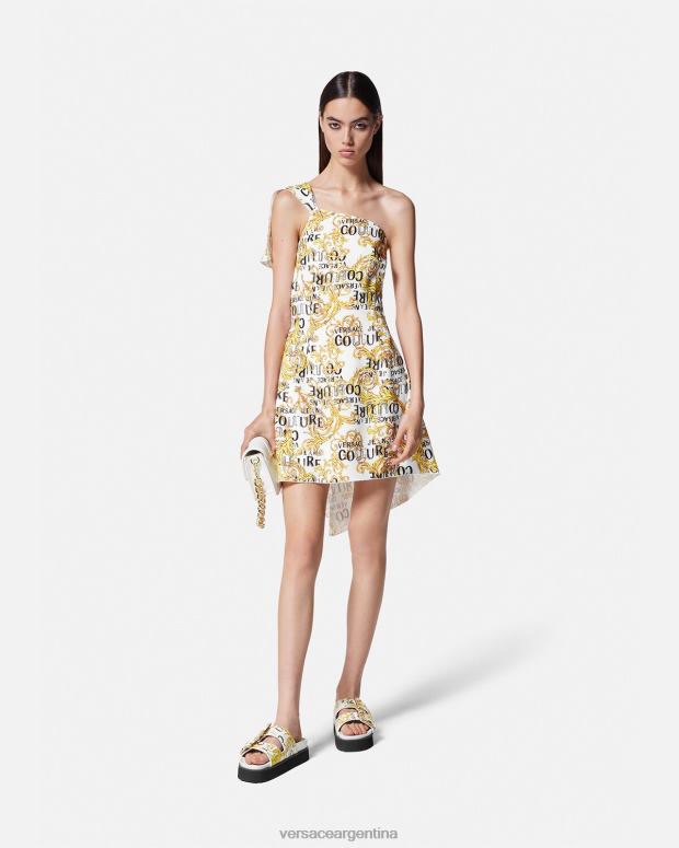 mujer Versace oro y blanco vestido de alta costura con logo y un solo hombro ropa 4F6042186