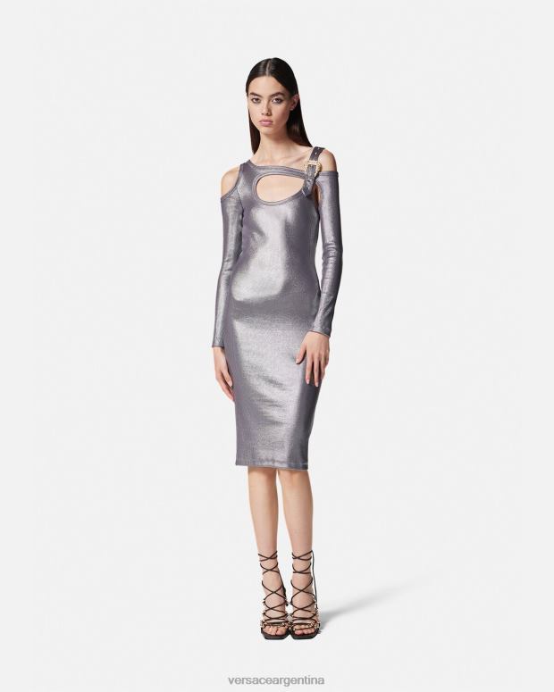 mujer Versace plata vestido midi con abertura y hebilla barroca ropa 4F6042196